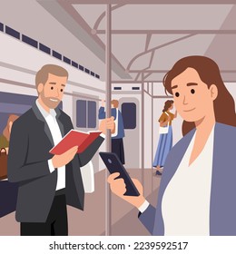 People in subway train, bus tram public transport activities. Man reading book. Woman holding her phone inside metro train. Going home from work. Flat vector illustration