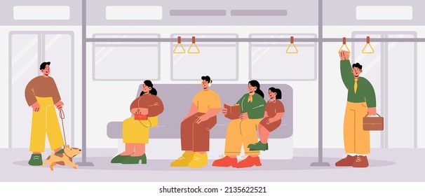 Personas en el interior del tren subterráneo. Hombres, mujeres y niños leen libros, escuchan música, se sientan y se paran con mascotas en el vagón del metro. Traslado por ferrocarril subterráneo con pasajeros, ilustración de vector de arte de línea