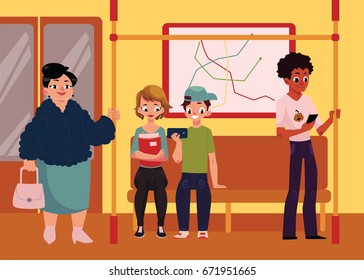 People in subway train car, sitting on seats, standing and holding handrails, cartoon vector illustration. Full length portrait of people, men and women, sitting and standing in subway train
