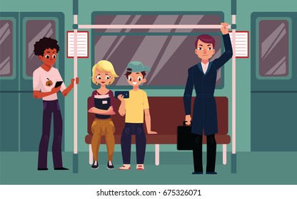 People in subway train car, sitting on seats, standing and holding handrails, cartoon vector illustration. Full length portrait of people, men and women, sitting and standing in subway train