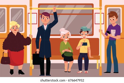 People in subway train car, sitting on seats, standing and holding handrails, cartoon vector illustration. Full length portrait of people, men and women, sitting and standing in subway train