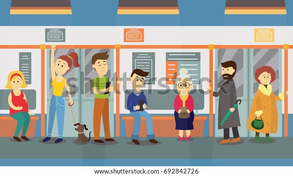 People in subway train car, sitting on seats,\
standing and holding handrails, cartoon vector illustration. Full\
length portrait of people, men and women, sitting and standing in\
subway train