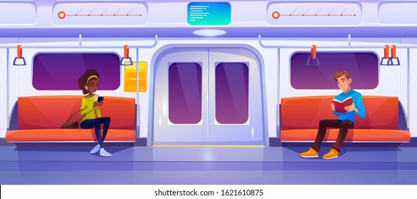 People in subway train car. Woman with phone and man with book in metro wagon. Vector cartoon illustration of underground railway carriage with sitting passengers