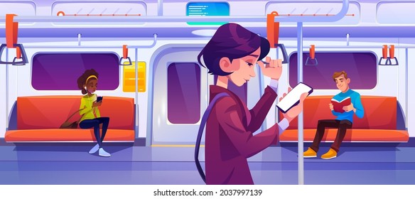 People in subway train car. Women with mobile phones and man with book in metro wagon with illumination and seats. Underground railway commuter carriage with passengers, Cartoon vector illustration