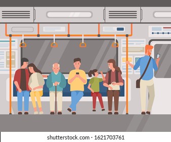 People in subway train, public transport flat vector illustration. Men and women sitting and standing in underground railway carriage. Suburban electric train. Passengers, commuters cartoon characters