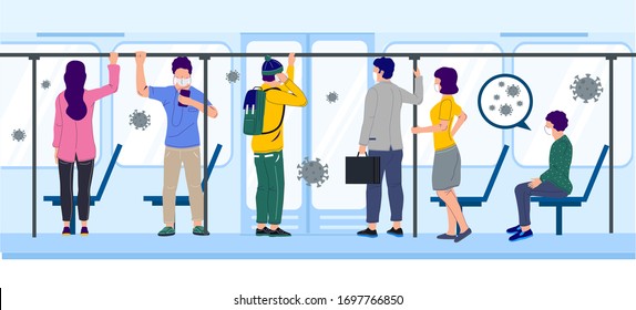 People in subway train using city transportation during corona virus pandemic, vector flat illustration. Shutting down or limiting mass transit to prevent corona virus disease COVID-19 spread concept.