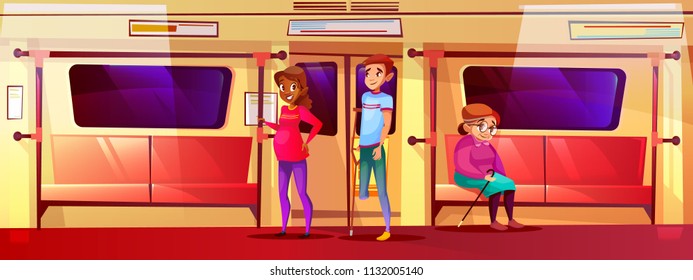 People in subway train vector illustration. Pregnant girl standing, elderly old woman and handicapped teen boy with crutch in metro for vulnerable people or social issue concept