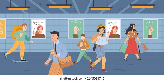 People at subway, underground crossing or metro station. Passerby characters men, women and kids walk through tunnel. Tourist with map, pedestrians, teen on skateboard, Line art vector illustration