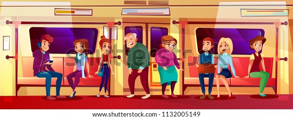 地下鉄のベクターイラストには 年配の老人や女性がメトロに立ち 混雑した電車の中で手をつないで座る場所を与えない 少年や少女の姿が描かれています のベクター画像素材 ロイヤリティフリー