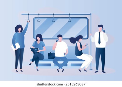 Personas en el metro, personajes masculinos y femeninos, varios humanos sentados y de pie en el metro, escena en el transporte, Ilustración vectorial de estilo de moda