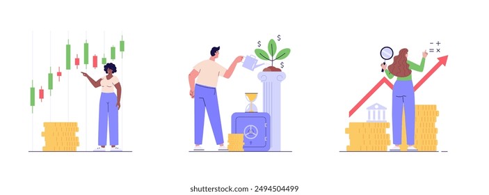 People successfully invest. Concept of return on investment, financial solutions, passive income, investment strategy, lucky speculation. Vector illustration in flat design for web banner landing page