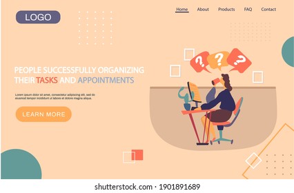 La gente organiza con éxito sus tareas y citas planilla de la página de inicio, la mujer de negocios sentada en la mesa con laptop y planificación. Administración de tiempo y control de ejecución de problemas, programación