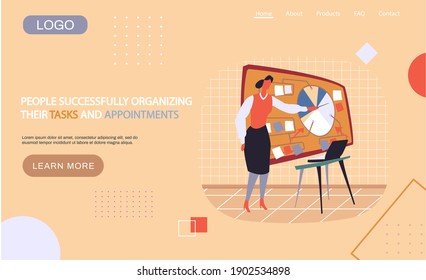 Personen, die erfolgreich ihre Aufgaben und Termine Landing Page Template organisiert, Geschäftsfrau zieht Schema auf der Tafel und Planung. Zeitmanagement und Problemausführung, Zeitplanung