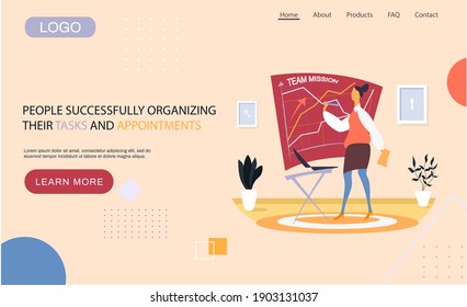 People successfully organizing their tasks and appointments landing page template, businesswoman draws schema on blackboard and planning. Time management and problem execution control, schedulling