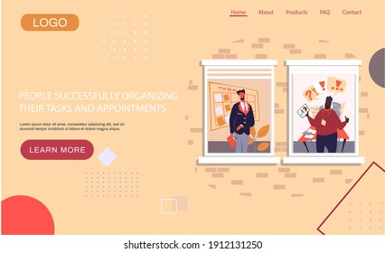 People successfully organizing their tasks and appointments, landing page template set, businessman stands at blackboard and presents plan. Time management and problem execution control, scheduling
