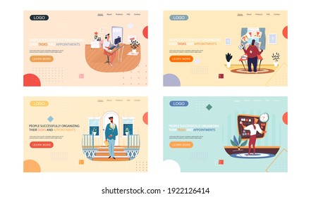 People successfully organizing their tasks and appointments landing page template set, business people at workplaces with laptop presents plan on board. Time management and problem execution control
