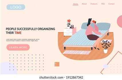 People successfully organizing their time landing page template, cute woman holding coffee cup at cozy home atmosphere sitting on bed in room. Home comfort, rest after work in bedroom with hot drink