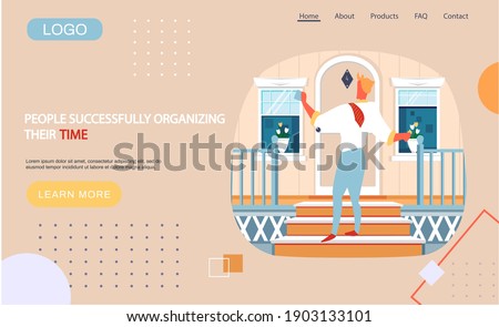 People successfully organizing their time landing page template with businessman stands on doorstep. Time management planning and control concept for effiecient succesful and profitable business