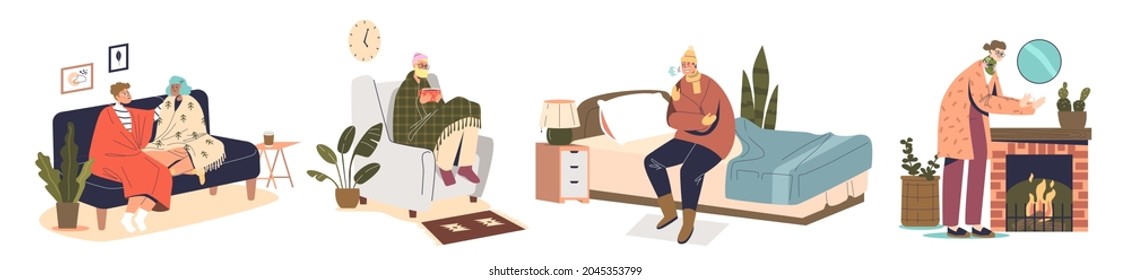 People suffer from cold indoors shivering and freezing at home. Set of cartoon characters covered with blankets and wearing warm clothes in house in winter. Vector illustration
