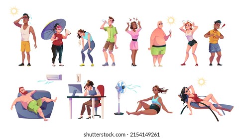 People suffer from heat. Cartoon male, female characters, hot weather, summer season, rescue under air conditioning and umbrella, sun and heat stroke symptoms, feeling bad vector set