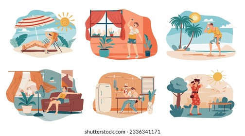 People suffer heat. Heated guys cooling down fan in sweltering house summer sunlight, sweating man woman feeling heatwave dehydration ultraviolet stroke, vector illustration of temperature exhausted