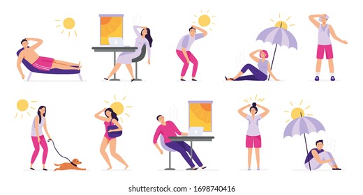 People suffer from heat. Sunstroke, summer hot weather and overheating. Sweaty people overheated in sun vector illustration set. Summer sunstroke, heatstroke and dehydration