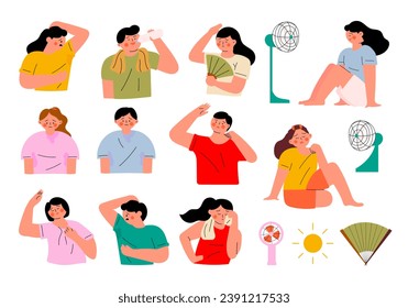 People suffer from heat. Sunstroke, summer hot weather and overheating. Sweaty people overheated in sun vector illustration set. Summer sunstroke, heatstroke and dehydration