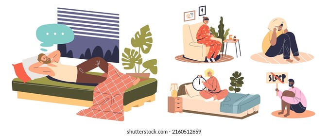 People suffer from insomnia. Unhappy sleepless men and women need rest tired sleeplessness at night and sleeping disorder. Depression and tiredness concept. Cartoon flat vector illustration