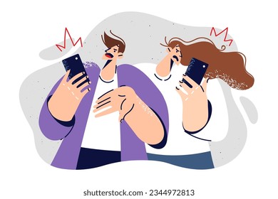 People suffer from problems with mobile communication and lack of network causing freezes during phone calls. Young man and woman look at smartphones with dismay due to lack of 5G network