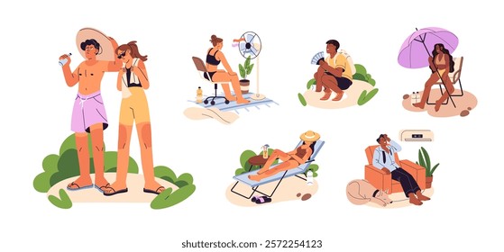 People suffer from summer heat indoors and outdoors set. Men and women sweat, get heatstroke, sunstroke because of hot weather, high temperature, heatwave. Flat isolated vector illustrations on white