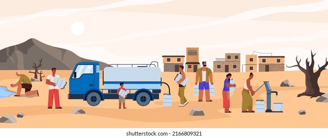 People Suffer From Water Scarcity In Drylands Of Africa, Flat Cartoon Vector Illustration. Dryland Or Desert Area People Suffer From Ecological Disaster.