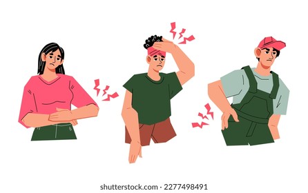 People suffering from back, head and stomach pain. Chronic illness and health problems symptoms, flat cartoon vector illustration isolated on white background.