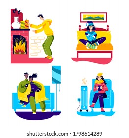 People suffering from cold at home: set of cartoon characters in much clothes warming together under blanket, at fireplace or at heater. Seasonal cold in winter or autumn. Vector illustration