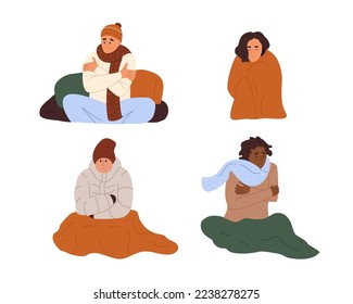 People suffering from cold at home set. Frozen men and women wear warm clothes and wrapped with plaids indoors. Heating problem or flu concept. Flat vector illustration isolated on white background