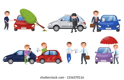 People Suffering From Different Car Accidents Vector Illustrations