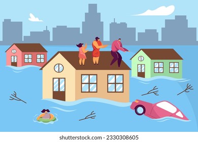 People suffering from flood vector illustration. Family surviving on house roof, waiting for rescue while water crashing cars and trees. Natural disaster, climate change, emergency concept