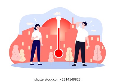 People suffering from high temperature vector illustration. Red thermometer with hot city and sun in background. Heatwave, drought, climate change, hot weather, summer concept