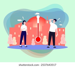 Pessoas que sofrem de ilustração vetorial de alta temperatura. Termômetro vermelho com cidade quente e sol no fundo. Onda de calor, seca, mudança climática, clima quente, conceito de verão