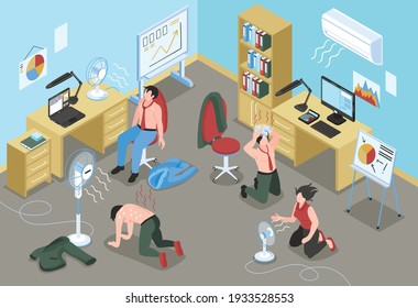 People suffering from hot weather in office with air conditioner and fan isometric vector illustration