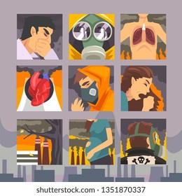 People Suffering from Industrial Smog, Diseases aused By Air Pollution Vector Illustration