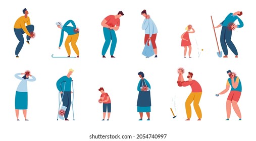 People suffering from injuries or joints aches, characters in pain. Men and women with headaches, injured leg or hurting neck vector set. Adults with broken arm and leg on crutches