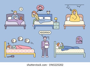 People suffering from insomnia due to various problems. flat design style minimal vector illustration.