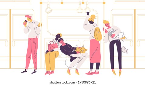 People suffering from insomnia in subway railway carriage sleeping. Concept illustration about healthy lifestyle and wrong time management 