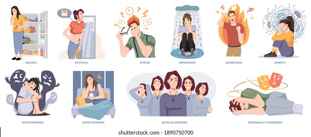 People suffering from mental disorders and illnesses. Bulimia and anorexia, stress and depression, aggressive emotions and anxiety. Schizophrenia and bipolar, personality and sleep problems, vector