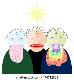 People suffering from nausea. Vomiting faces. Funny stylized emoticons. Simple flat graphic. Digital artwork.