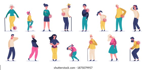 People suffering from pain. Adult, elderly and children characters in stomach ache, headache, back pain. Patients in pain vector illustrations. Headache pain, hurt and suffering