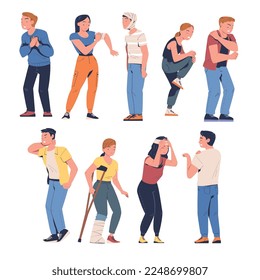 People suffering from pain, headache, backache set. Men and women feeling pain in body caused by illness or injury cartoon vector illustration