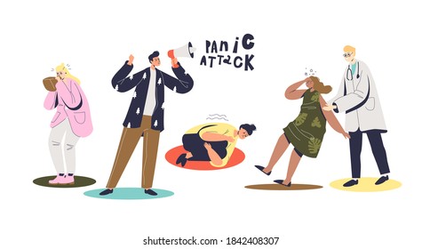 Las personas que sufren ataques de pánico y enfermedades mentales, estresados y ansiosos personajes de caricatura de jóvenes hombres y mujeres con depresión o desesperación. Ilustración del vector