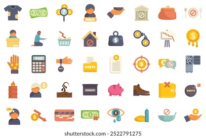 Pessoas que sofrem de pobreza com carteira vazia, dívidas enormes e nenhum dinheiro restante para alimentos e necessidades básicas ícones definir vetor