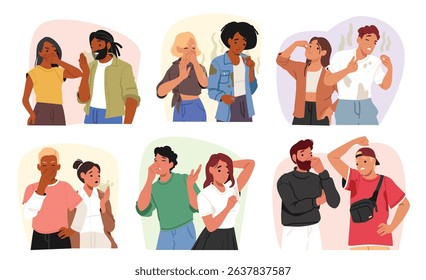 People suffering from problem with bad smell during communication isolated set. Young man and woman feeling unbearable discomfort due to excessive sweating, odor mouth stink vector illustration